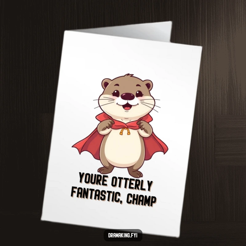 Funny Free Printable Congratulations Card: A cheerful otter in a cape strikes a confident, heroic pose, celebrating success.