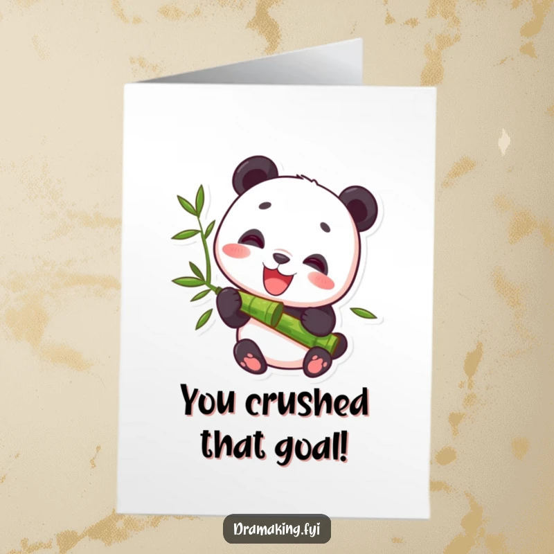 Funny Free Printable Congrats Card: A happy panda contentedly munching on a bamboo stalk, celebrating an achievement with calm delight.