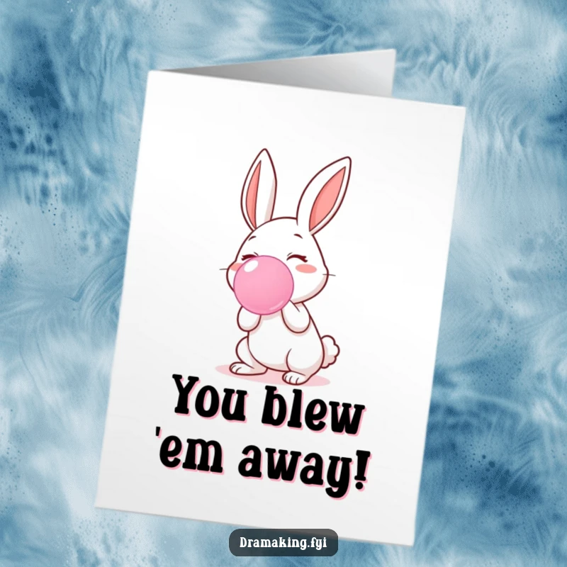 Funny Free Printable Congratulations Card: A joyful rabbit inflating a giant, shimmering bubblegum bubble to celebrate achievements, unique downloadable.