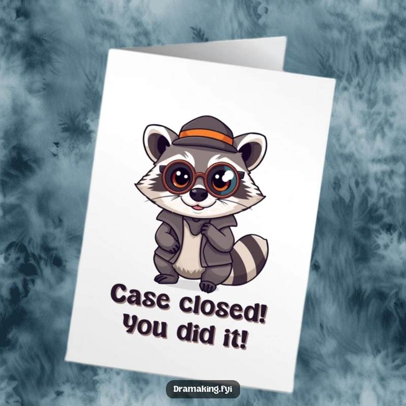 Funny Free Printable Congratulations Card showing a mischievous raccoon detective in a monocle, having cracked the success code.