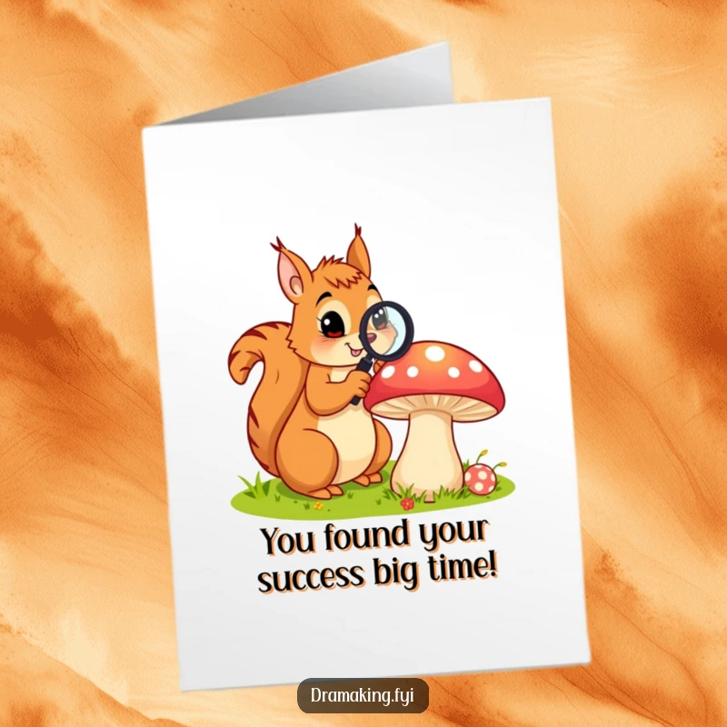 Funny Free Printable Congratulations Card: Squirrel examining a mushroom with a magnifying glass, celebrating discovery, downloadable.