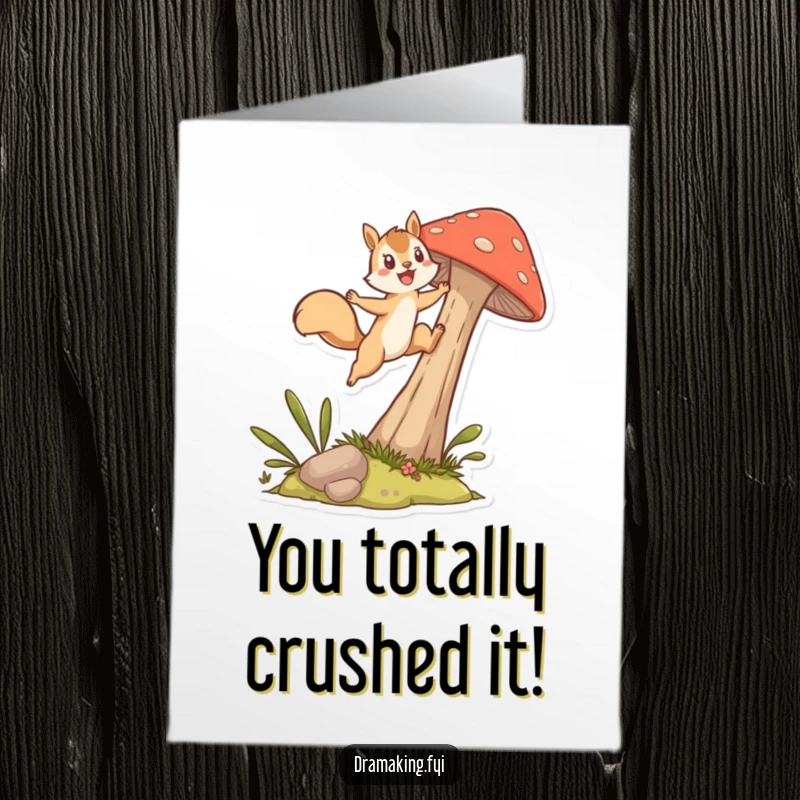 Funny Free Printable Congrats Card: Squirrel leaping excitedly from a mushroom, conveying huge congratulations. A dynamic and cheerful design.