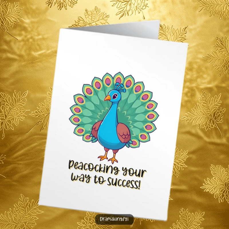 Funny Free Printable Congratulations Card: a proud peacock striking a majestic pose with its vibrant tail feathers spread wide in celebration.