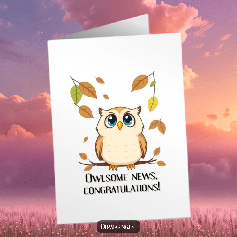 Funny Free Printable Congratulations Card: A wide-eyed owl caught off guard by an avalanche of oversized leaves, celebrating unexpected joy.