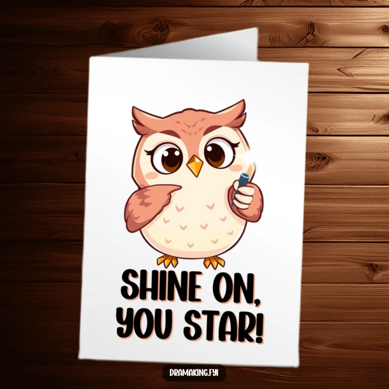 Funny Free Printable Congratulations Card: Excited owl pointing at a sparkling spotlight, celebrating a remarkable achievement.