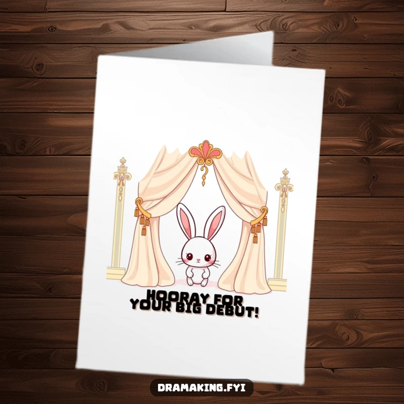 Funny Free Printable Congratulations Card: Curious rabbit peeking from behind a curtain, ready for a grand reveal of success.
