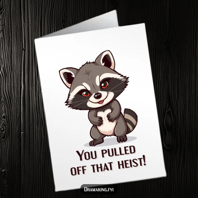 Funny free printable raccoon congratulations card, striking a dramatic pose with a sly smile, celebrating big achievements.