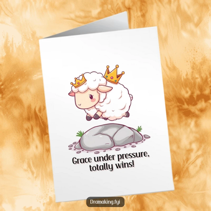 Funny free printable congratulations card showing a crowned sheep hilariously tripping, a unique way to celebrate achievements.