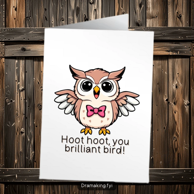 Funny Free Printable Congrats Card: Triumphant owl in a bowtie hoots loudly, wings spread wide in victory.