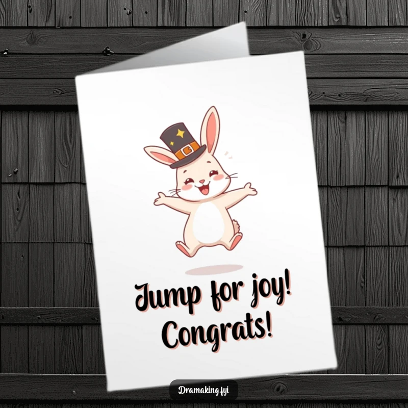 Funny free printable congratulations card featuring a happy rabbit in a fancy hat jumping with glee, celebrating success.