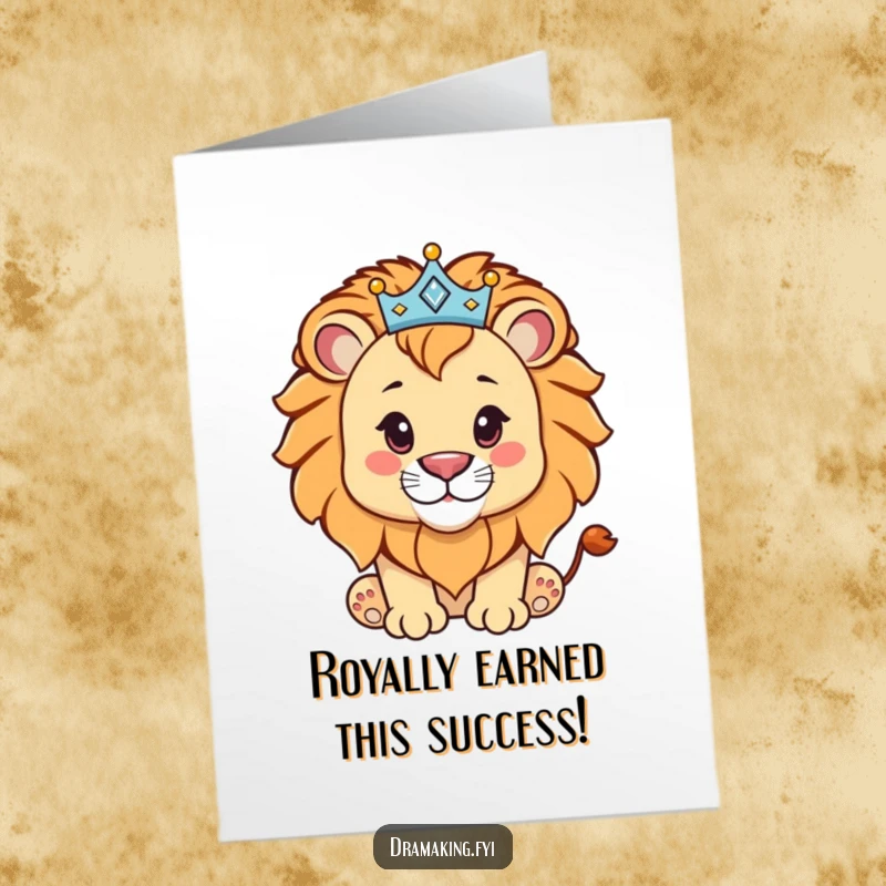 Funny Free Printable Congratulations Card: A proud lion cub dons a sparkly crown, celebrating a big win.