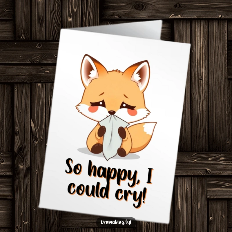 Funny Free Printable Congrats Card: Small fox weeping into a tiny handkerchief, conveying exaggerated sadness for a funny congratulatory message.