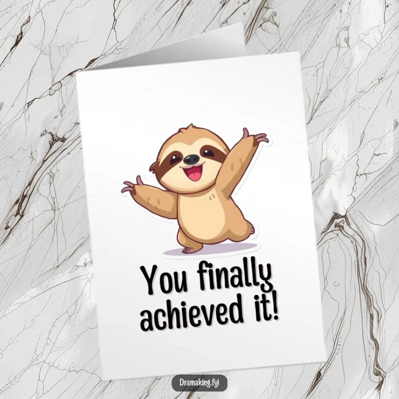 Funny free printable sloth congratulations card, in a dramatic, exaggerated pose, celebrating achievements at a leisurely pace.