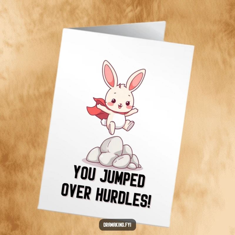 Funny Free Printable Congratulations Card: A superhero bunny leaps over obstacles, celebrating a triumphant achievement. Print and share.