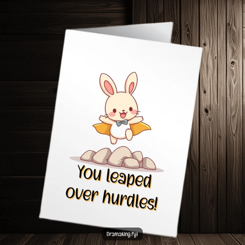 Funny Free Printable congrats card: a bunny in a cape leaps powerfully over tiny, unseen obstacles, symbolizing overcoming challenges.