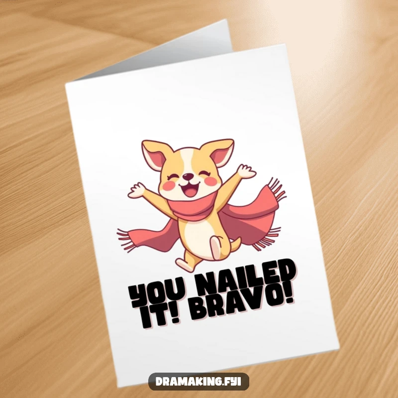 Free Printable Congratulations Card: Elegant dog in scarf performing a graceful ballet leap, expressing joy.