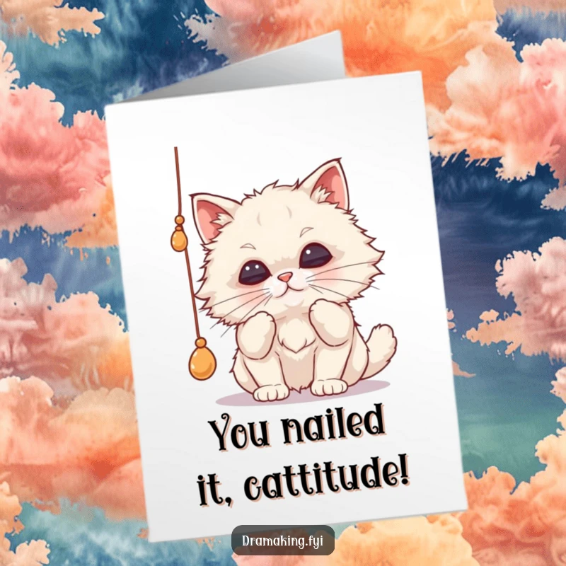 Funny Free Printable Congratulations Card: a cat fiercely focused on batting a dangling string, its lips pursed in intense concentration.