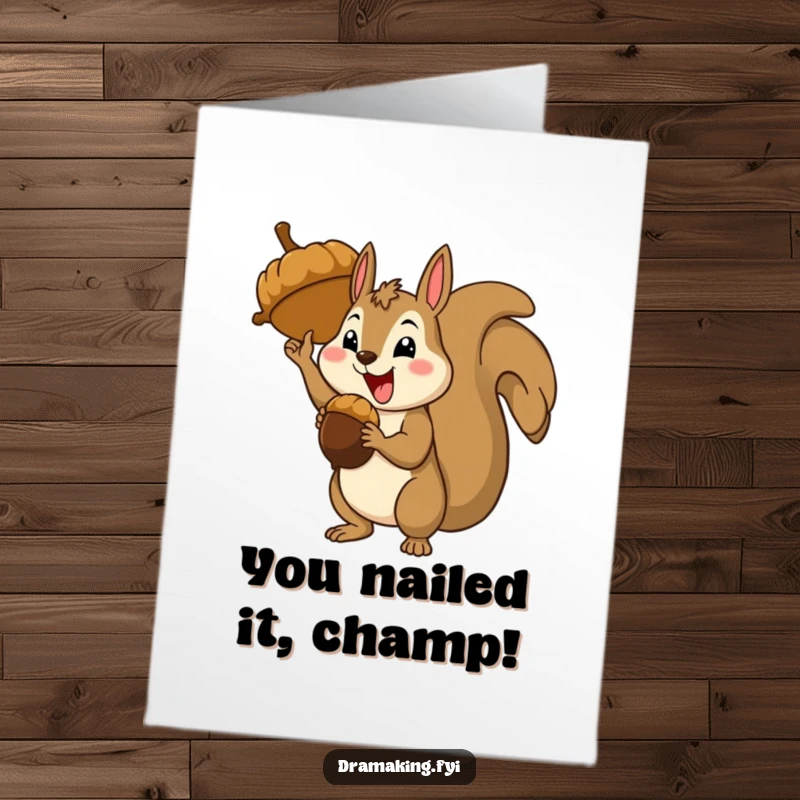 Funny Free Printable Congrats Card: A jubilant squirrel stands triumphantly with a giant acorn, celebrating a great success.