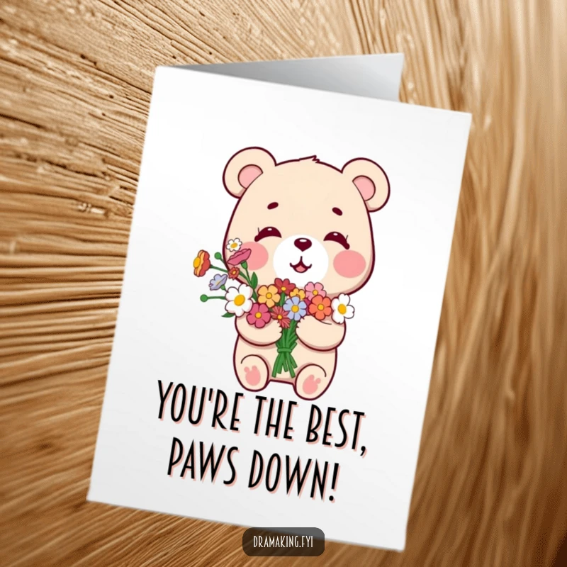 Funny Free Printable Congratulations Card: Small bear with flowers looks smugly pleased with its achievement. Celebrate in style.