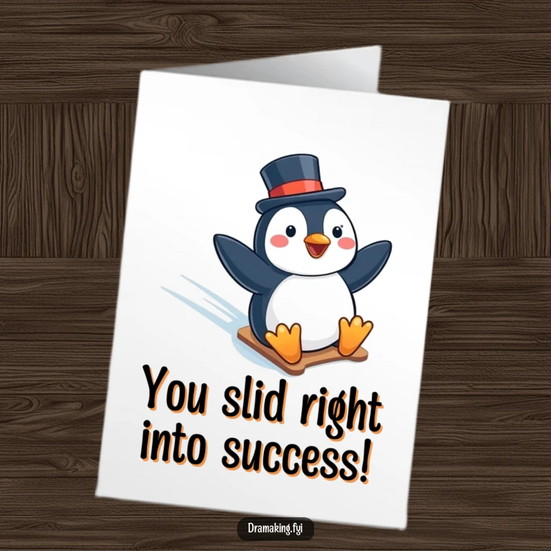 Funny Free Printable Congratulations Card: A delighted penguin in a top hat slides down an icy slope celebrating.