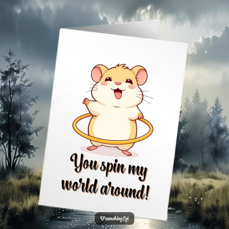 Funny Free Printable Congratulations Card: Cheerful hamster spins a miniature hula hoop, excited downloadable.