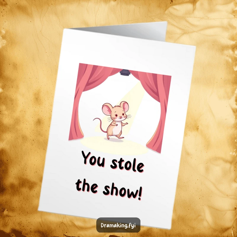 Funny Free Printable Congrats Card: A timid mouse tiptoeing across a stage with a spotlight shining, highlighting their brave moment.