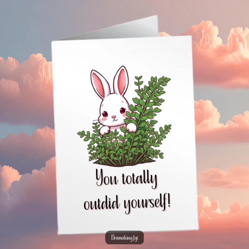 Funny Free Printable Congratulations Card: A little rabbit curiously peeks out from behind a lush, green fern.