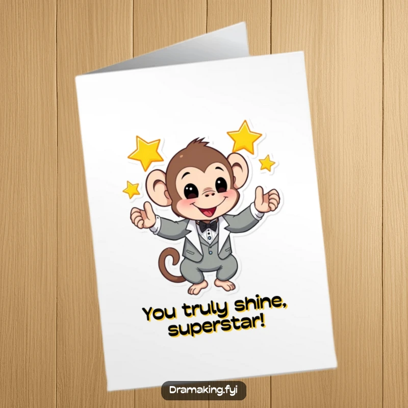 Funny Free Printable Congratulations Card: A playful monkey in a tuxedo juggles three shining stars impressively.