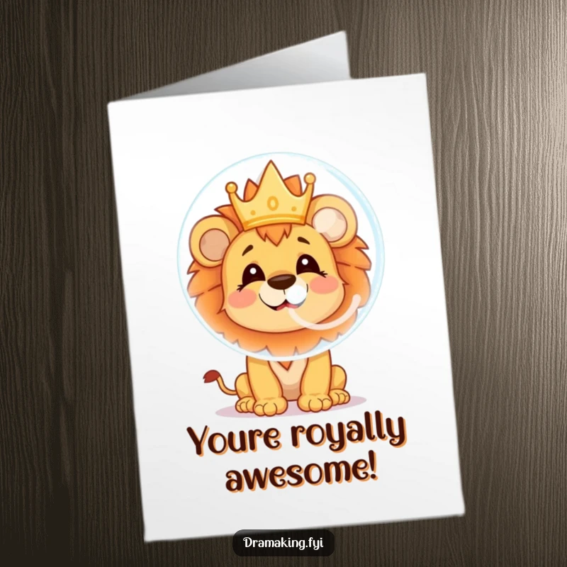 Funny Free Printable Congratulations Card: Cheerful lion cub blowing a bubble with a tiny crown reflection, celebrating success.