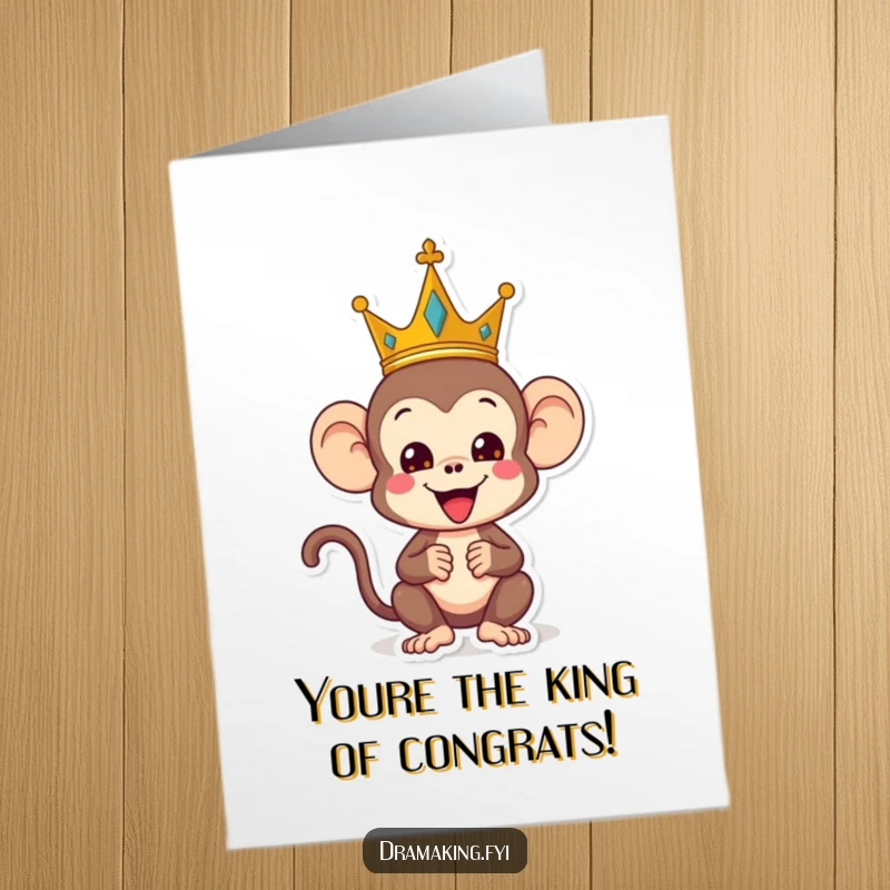 Funny Free Printable Congrats Card: A playful monkey dons a crown, striking a hilariously regal pose to celebrate.