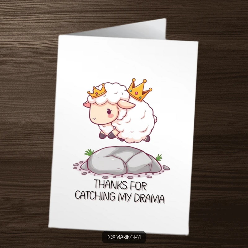 Funny free printable thank you card with a crowned sheep hilariously tripping, perfect for expressing gratitude with a smile.
