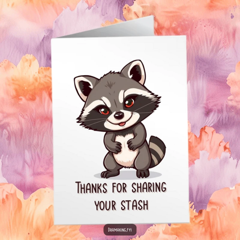 Funny free printable raccoon thank you card, striking a dramatic pose, showing gratitude with a sly, cheeky smile.