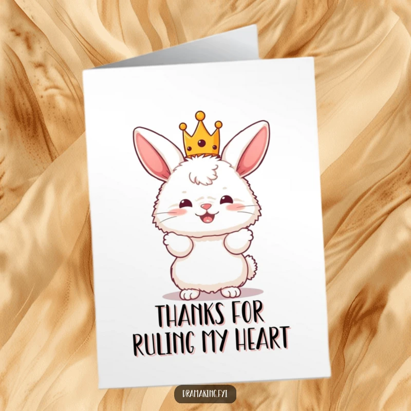 Funny Free Printable Thank You Card of a fluffy bunny in a tiny crown, striking a dramatic pose, conveying thanks with royal humor.