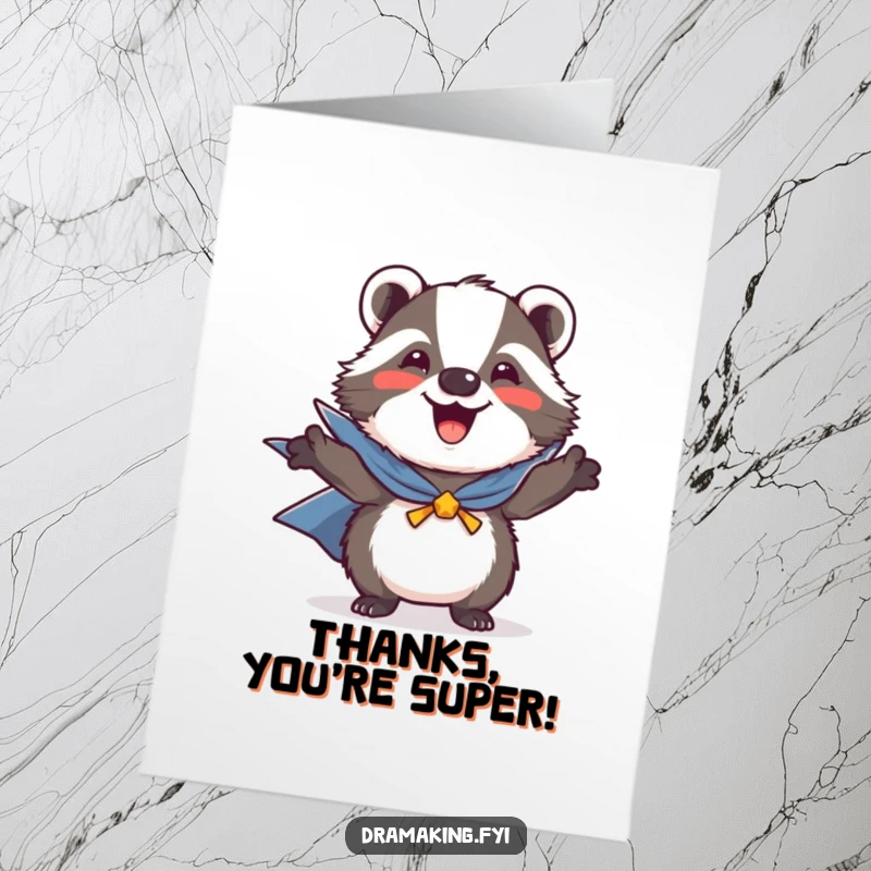 Funny Free Printable Thank You Card featuring a caped badger striking a heroic pose, conveying sincere thanks with a smile. Downloadable art.