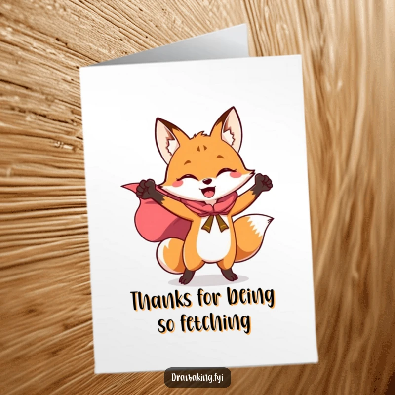 Funny Free Printable Thank You Card: Joyful fox in a cape striking a triumphant pose, thanking you.