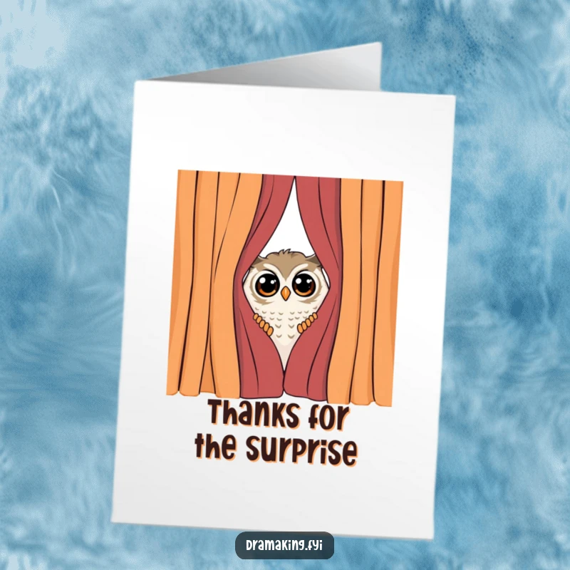 Funny Free Printable Thank You Card: Curious owl peeks from behind a curtain, shyly surprised by your thanks. Adorable.