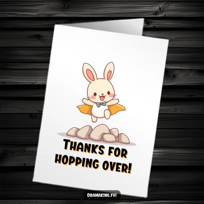 Funny Free Printable thank you card: a determined bunny with a cape leaping over imaginary hurdles, expressing thanks for great help.