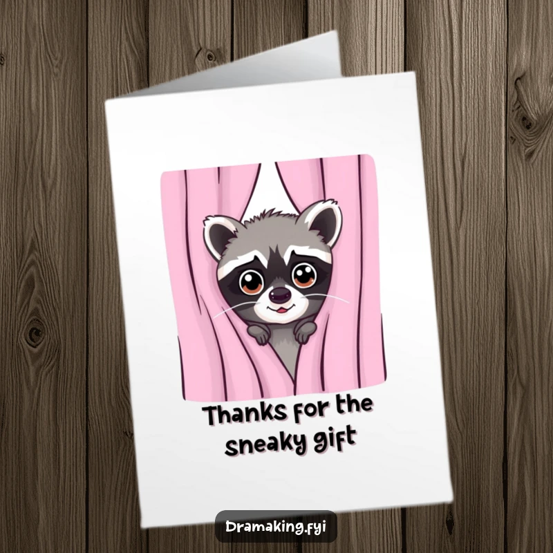 Funny Free Printable Thank You Card: A mischievous raccoon peeking with wide eyes from behind a curtain, saying thanks slyly.