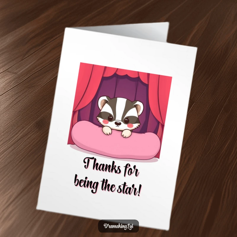 Funny free printable thank you card: A shy badger peeks out, offering a gentle thank you from behind a large, plush cushion.