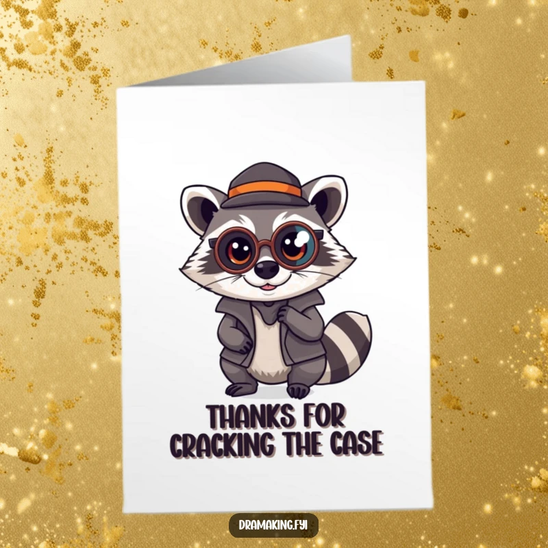 Funny Free Printable Thank You Card featuring a mischievous raccoon detective in a monocle, grateful for assistance.