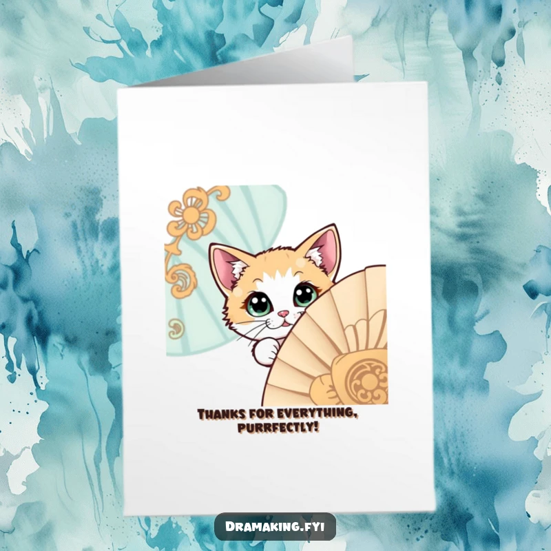 Funny Free Printable Thank You Card: A curious cat with large, expressive eyes peeking around an elaborate fan, offering thanks with a wink.