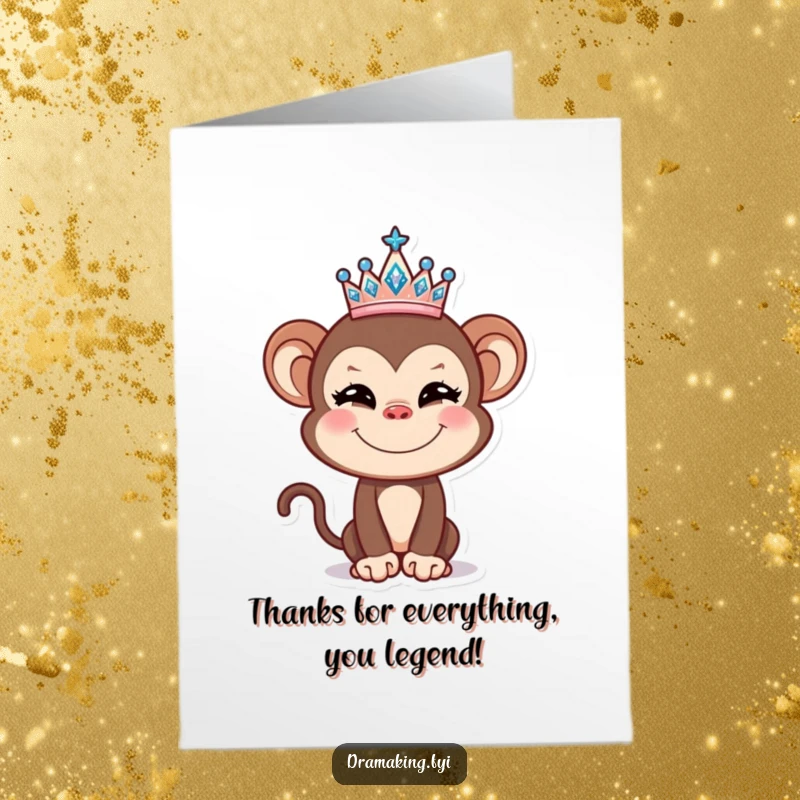 Funny free printable thank you card: Mischievous monkey with a tiny tiara, offering a cheerful thank you with a cheeky grin.