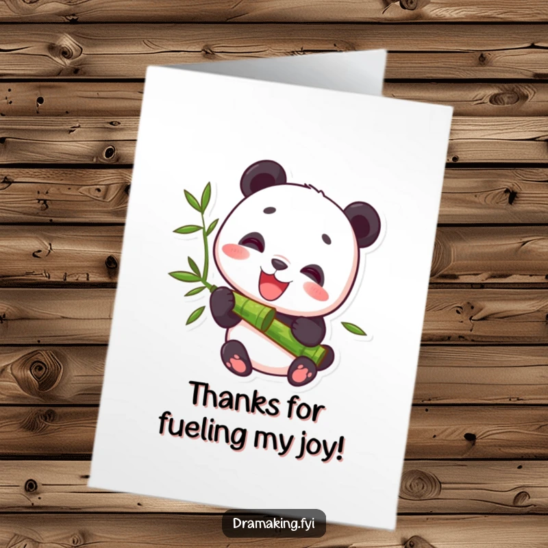 Funny Free Printable Thank You Card: A delighted panda peacefully munching on a bamboo stalk, conveying heartfelt thanks. A charming and gentle design.