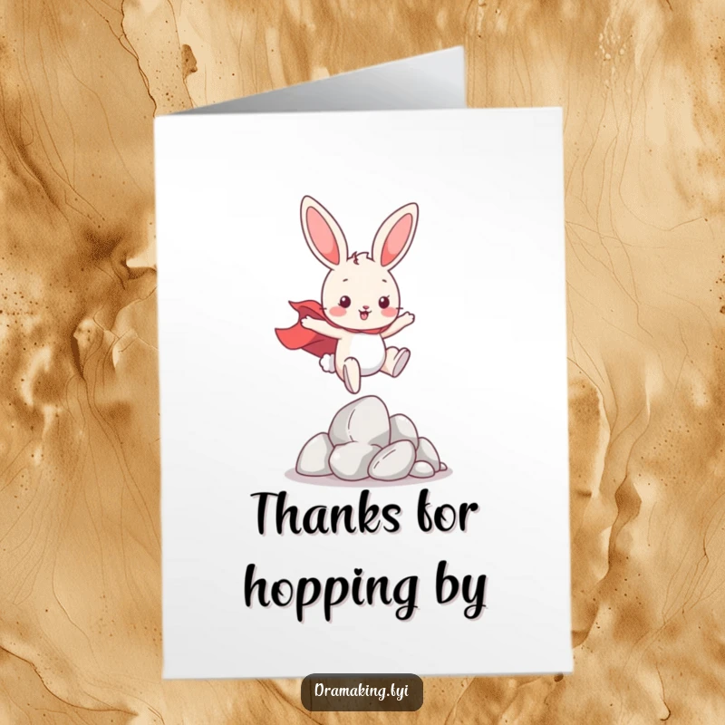 Funny Free Printable Thank You Card: A superhero bunny leaps over imaginary hurdles, delivering thanks with flair. Cute and funny.