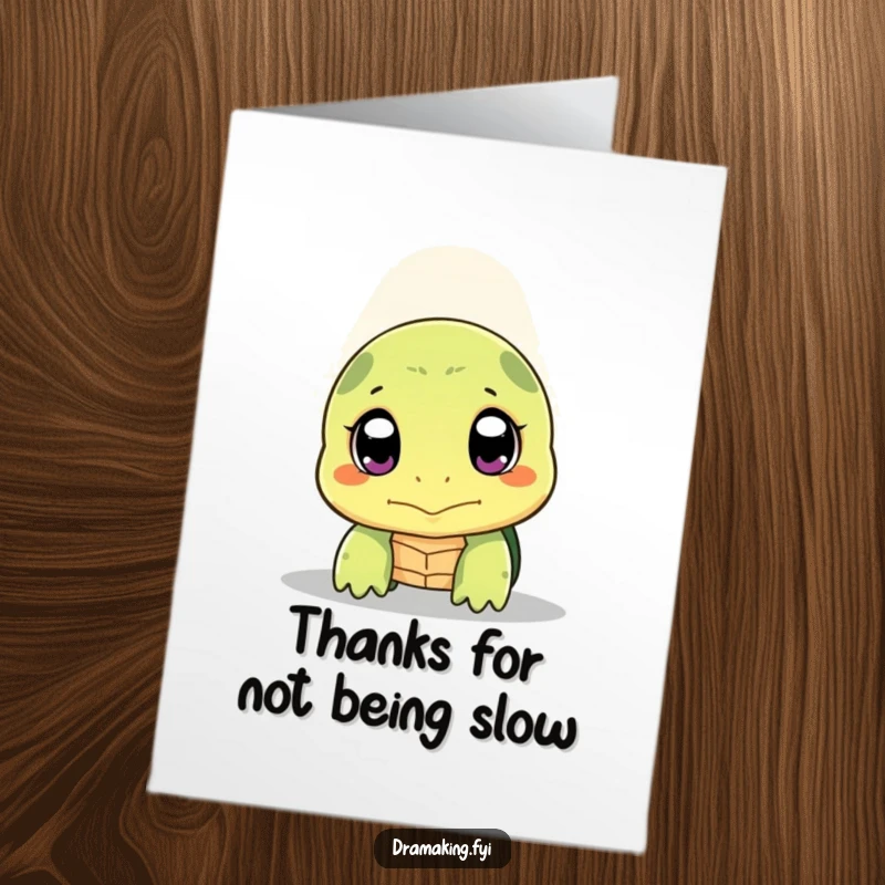 Funny Free Printable Thank You Card: Shy turtle peeking out under a spotlight, eyes wide with thanks.