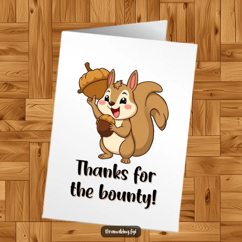 Funny Free Printable Thank You Card: A happy squirrel poses triumphantly with a huge acorn, expressing gratitude.