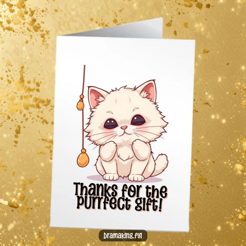 Funny Free Printable Thank You Card: a fluffy cat dramatically batting at a string, its face a mask of intense, pursed-lip focus.