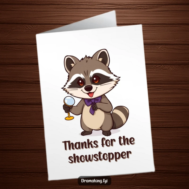 Funny Free Printable Thank You Card: A raccoon with opera glasses gestures dramatically, expressing heartfelt thanks.