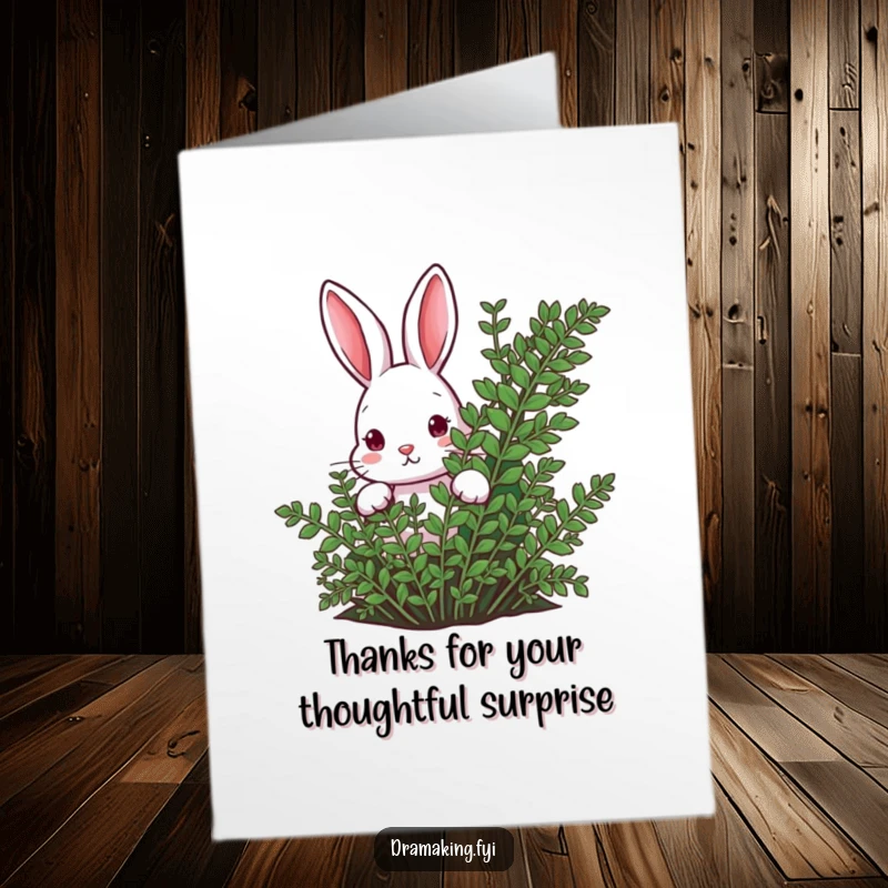 Funny Free Printable Thank You Card: A curious rabbit peeks from behind a fern, conveying sincere thanks.