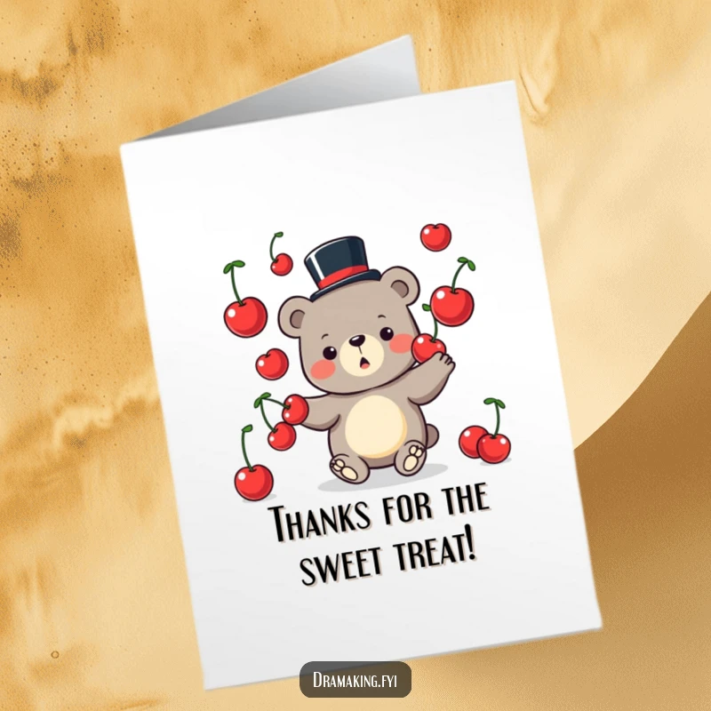 Funny free printable thank you card: a silly bear in a mini top hat masterfully juggling large cherries.